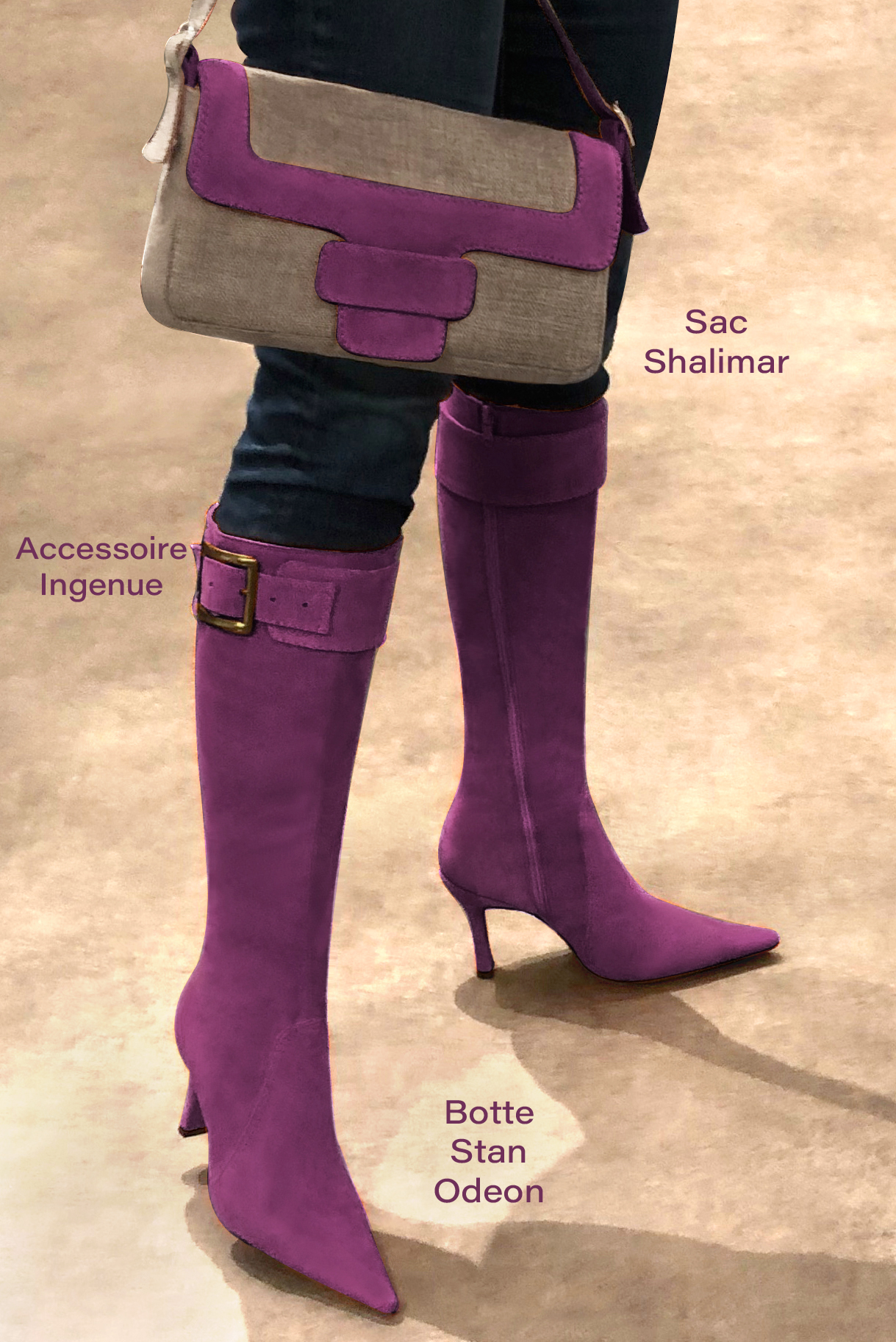 Mulberry purple women's feminine knee-high boots. Pointed toe. Very high spool heels. Made to measure. Worn view - Florence KOOIJMAN